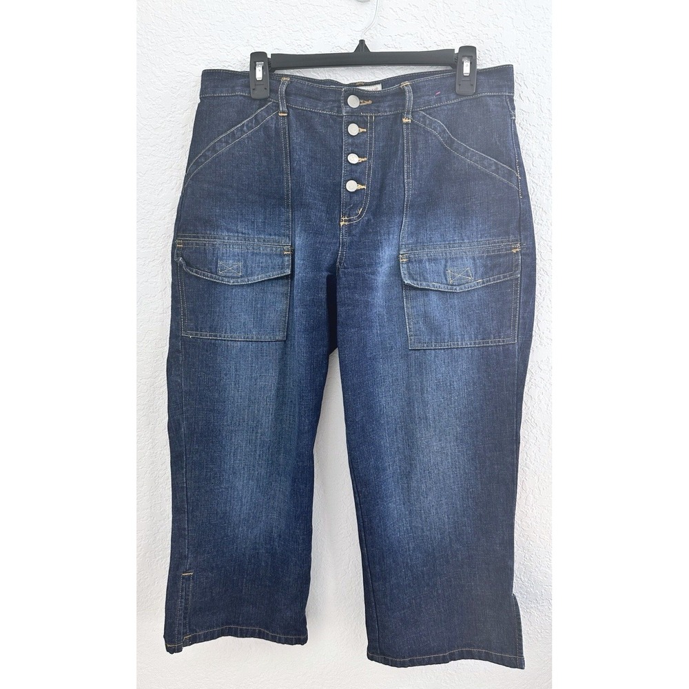 Y2K 90s Faded Glory Button Fly Dark‎ Sandblast Womens Cropped Cargo Jeans 12